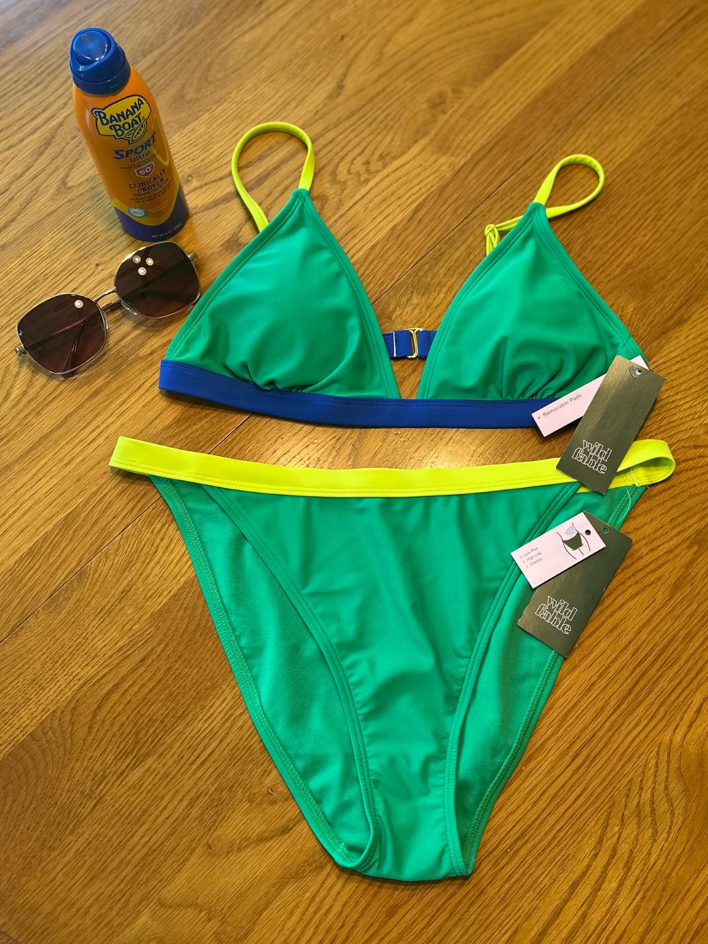 NWT - Wild Fable Green Triangle Bikini with Neon Yellow and Royal Blue Trim